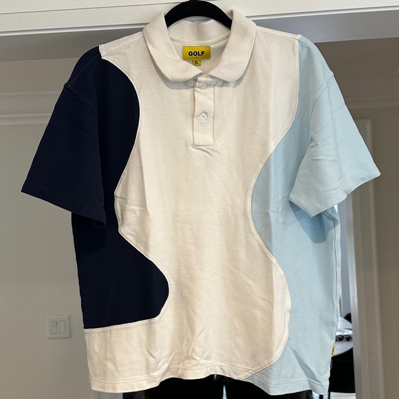 Men's GOLF WANG Navy/Sky Blue/White Ripple Knit Polo Shirt - Size XL - Picture 9 of 13